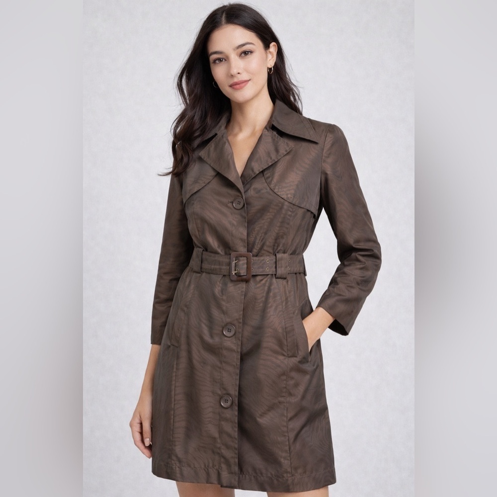 Via Spiga Brown Zebra Jacquard Trench Coat XS Belted Lightweight